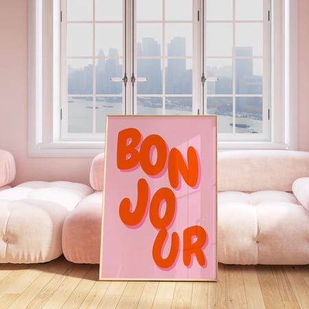 Bonjour Pink Orange French Typography Wall Art, Unframed Paper Print Size 8x12