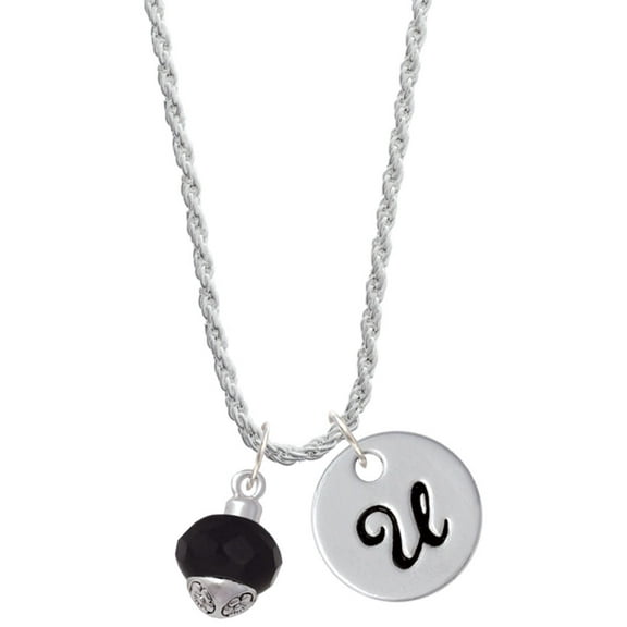 Delight Jewelry 12mm Faceted Black Glass Spinner Silvertone Script Initial Disc - U - Charm Necklace, 20"+3"