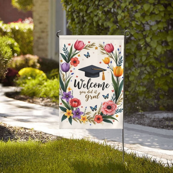 Welcome Grad Floral Garden Flag Double Sided 12x18 Inch Graduation Yard Flag Outdoor Decor Congratulations Graduate Banner Spring Summer Flowers Birthday Gifts for Men Women