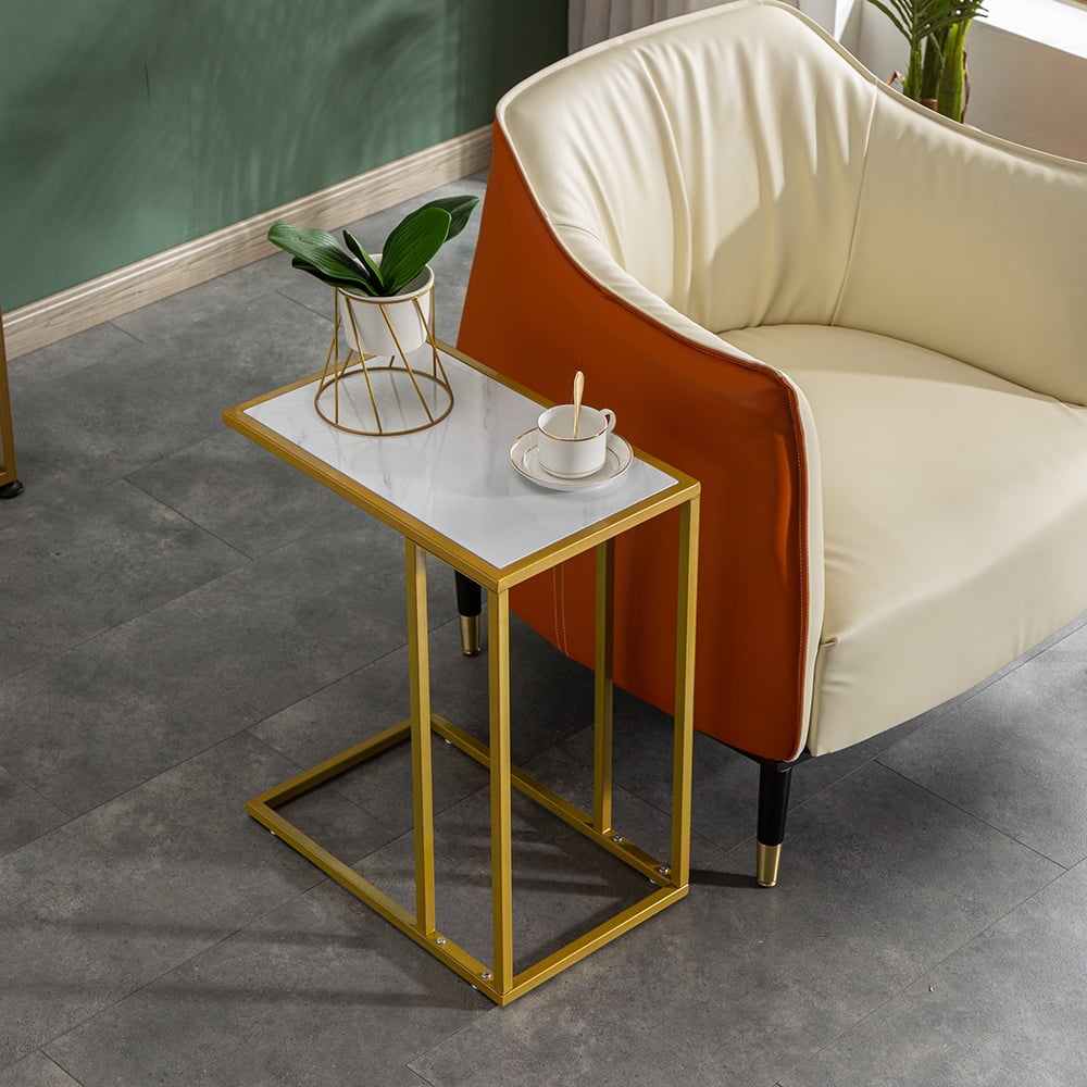 Modern C-Shaped Side Table White Marble Pattern Top Gold Metal Legs Slim Sofa End Table for Small Spaces Living Room Bedroom Apartment