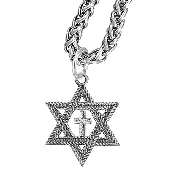 Messianic Christian Silver Star Of David With Silver Austrian Crystal Cross, On A Antique Wheat Chain Necklace, Hypoallergenic-Safe, No Nickel, Lead, Or Cadmium In The Metal ©2023