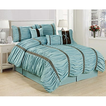 7 Piece Calinda Chocolate Stripe Blue Ruffled Clearance Bedding