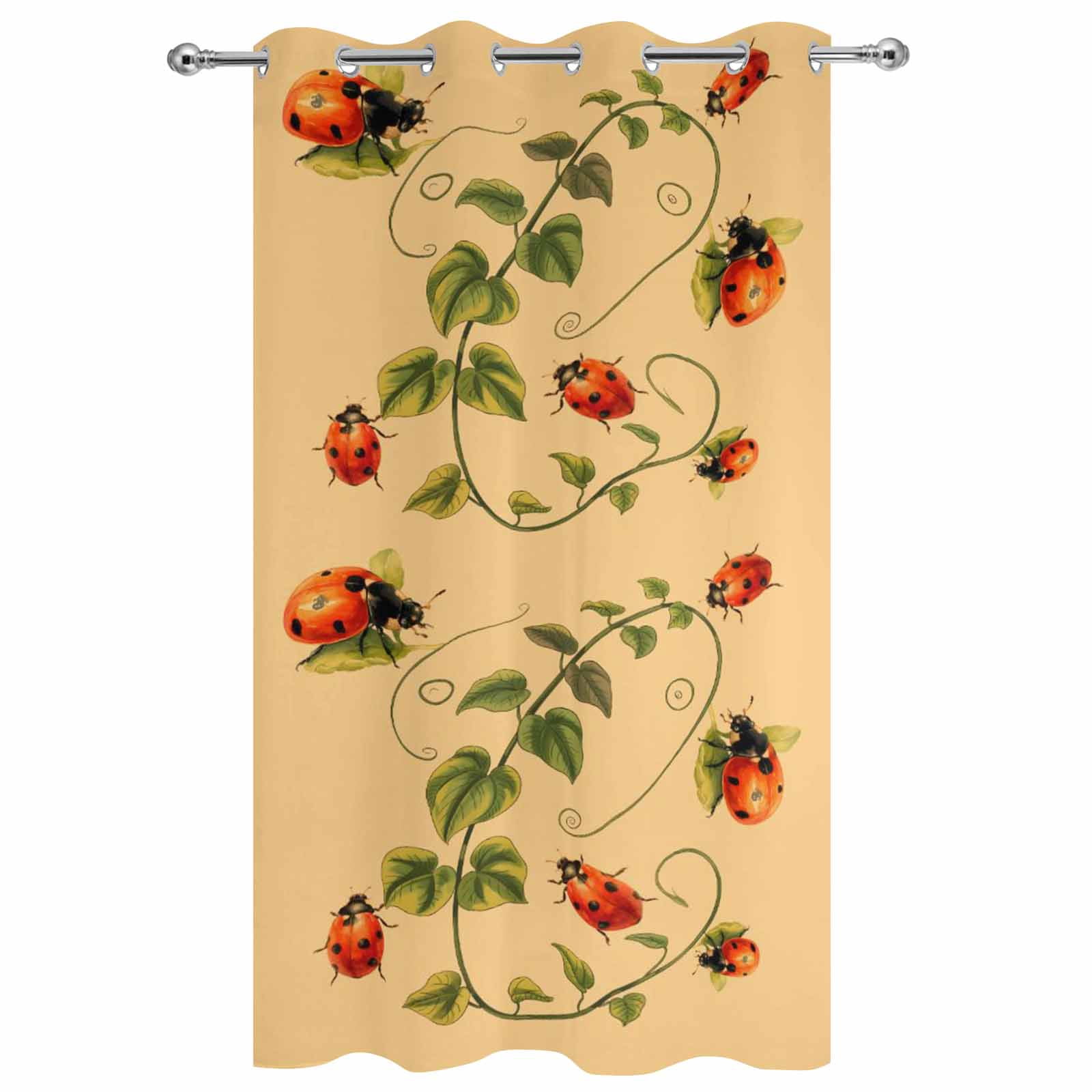 1 Panel Outdoor Curtains for Patio Waterproof 54"x108" Ladybugs Eucalyptus Weatherproof Privacy Outsides Curtains, Spring Botanical Leaves Yellow Grommet Thermal Drapes for Cabana Porch Pergola