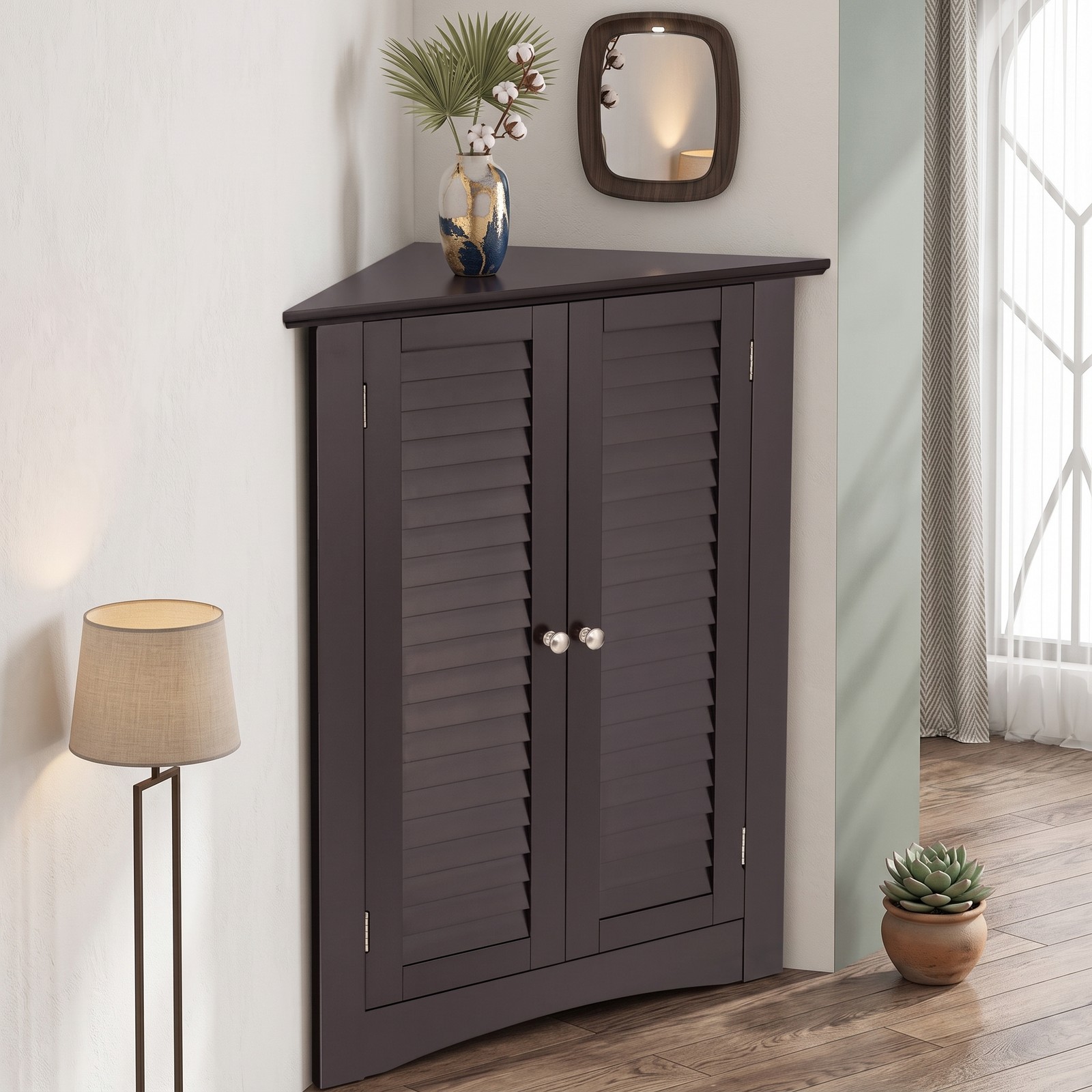 Fenbeli Bathroom Corner Floor Cabinet, Freestanding Wooden Storage Organizer with Shutter Door and Adjustable Shelf, Anti-Tipping Space-Saving Unit for Bathroom, Brown