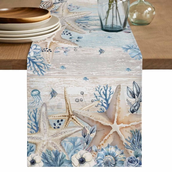 Table Runner - 72 Inch Long, Blue Beige Coastal Kitchen Dining Table Runner Dresser Scarves, Beach Starfish Summer Eucalyptus Vintage Farmhouse Decor for Coffee Tables Wedding Party Banquet