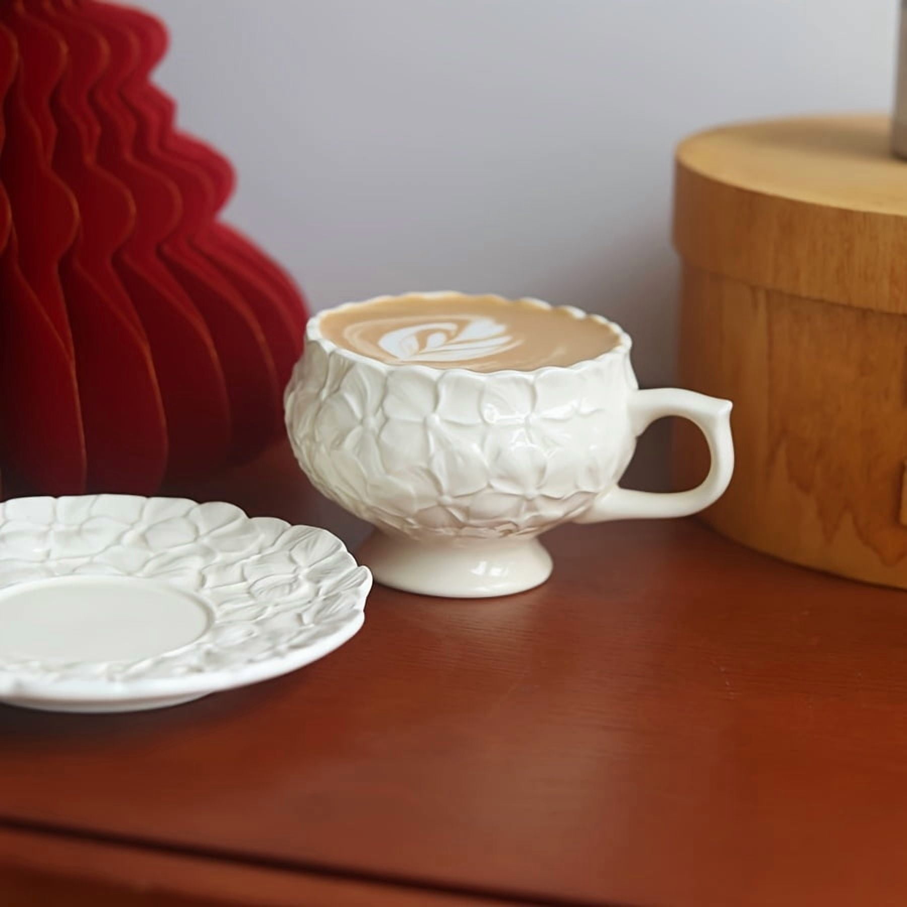 French Vintage Cream Embossed Floral Highball Coffee Cup and Saucer Set - Afternoon Tea Latte Art Cup - A unique gift choice, reusable ceramic, hand wash only, perfect for espresso, cappuccino and ot
