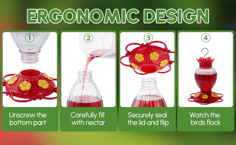 Hummingbird Feeder 20 oz Glass Hummingbird Feeders for Outdoors, with Built-in Ant Guard and Bee Proof - 6 Feeding Ports - Wide Mouth for Easy Filling/2 Part Base for Easy Cleaning