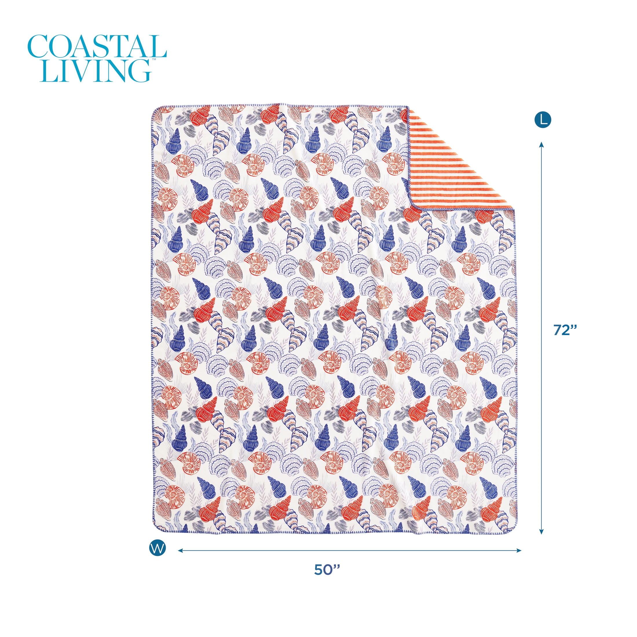 Coastal Living Throw Blanket, Reversible Plush Fleece Blanket for Couch, Blue & Orange Seashells, 50" x 72"