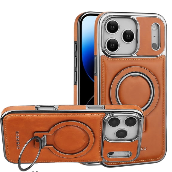 Dteck Magnetic Case for iPhone 17 Pro,Shockproof Leather TPU Compatible with Mag Safe Case Ring Holder Kickstand Back Cover for iPhone 17 Pro,Darkbrown