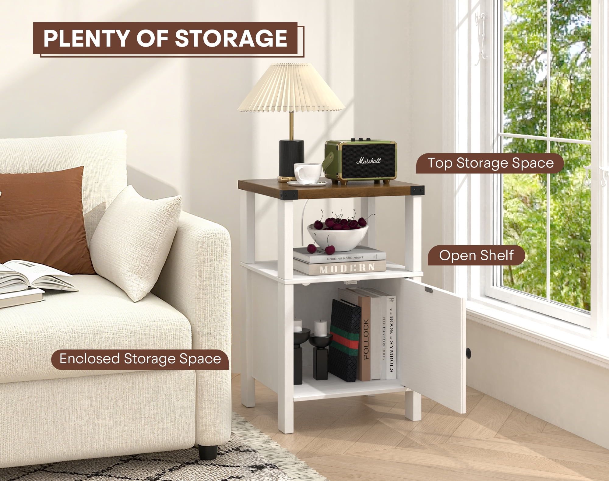 EVOKEDEN 2PCS Farmhouse Nightstands w/ Charging Station & Storage, Wood Side Table w/ Barn Door for Bedroom Living Room, White