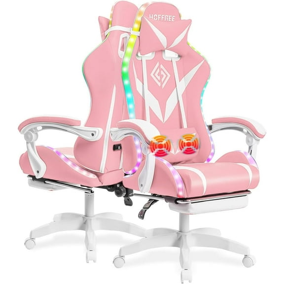 HOFFREE Gaming Chair with LED RGB Lights Massage Ergonomic Video Game Chairs with Footrest High Back Reclining Computer Chair with Adjustable Lumbar Support Pink and White