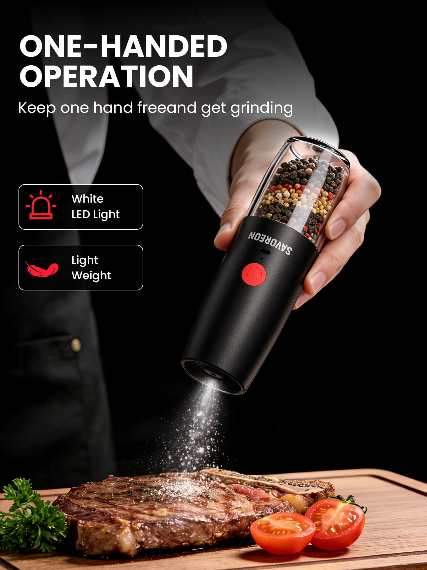Rechargeable Electric Salt and Pepper Grinder Set, Automatic Pepper Mills with 150ml Container, External Adjustable Coarseness, White Led Light and One-Handed Operation, Black