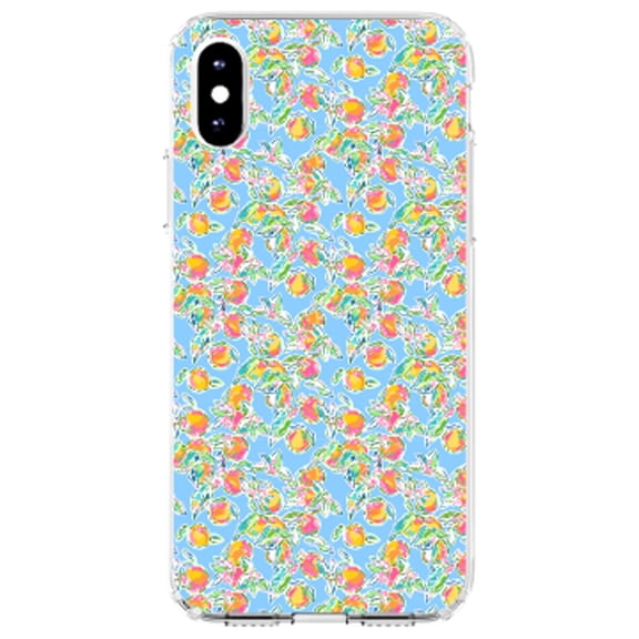 DistinctInk Clear Shockproof Hybrid Case for iPhone XS Max (6.5" Screen) - TPU Bumper, Acrylic Back, Tempered Glass Screen Protector - Preppy Pattern - Orange & Blue Flowers Floral