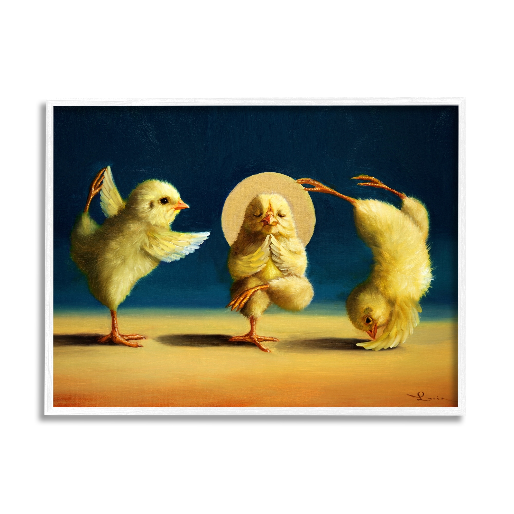 Stupell Industries Three Yellow Chicks Sunset Yoga Stretching Meditating Framed Wall Art, 14 x 11, Design by Lucia Heffernan
