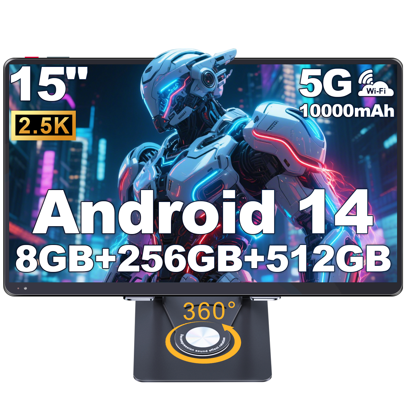 Golzer 15 inch 2.5K Display Tablet with Foldable Stand, Android 14 Tablets, 8GB RAM 256GB ROM, Quad-Core Processor up to 2.2 GHz , 5MP+13MP Camera, 10000mAh, 2.4G/5G WiFi, BT5.0