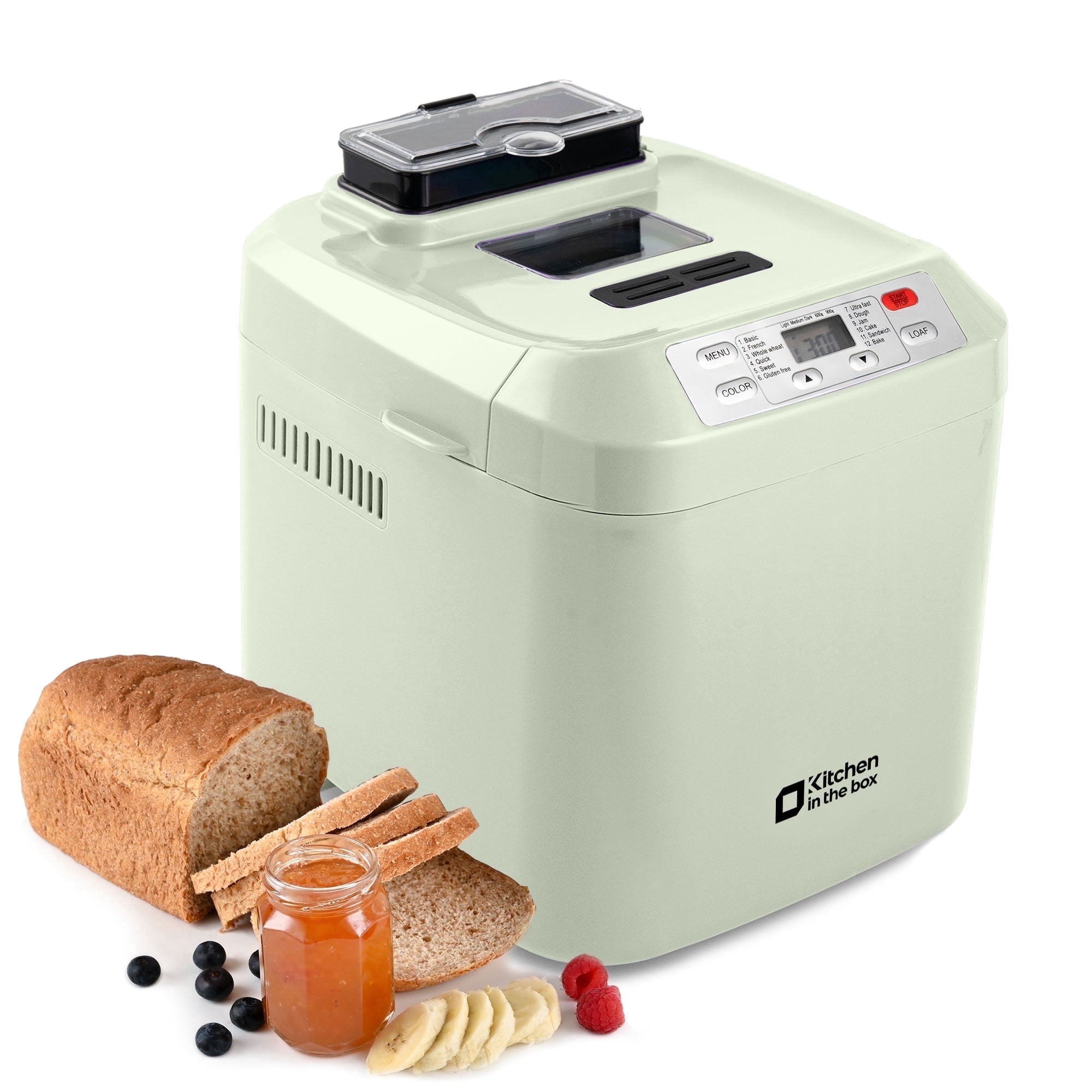 Kitchen in the Box 2lb Bread Maker with Auto Fruit Nut Dispenser, 12-in-1 Gluten-Free Bread Machine, 13H Delay Timer, Nonstick Pan, Keep Warm, Green