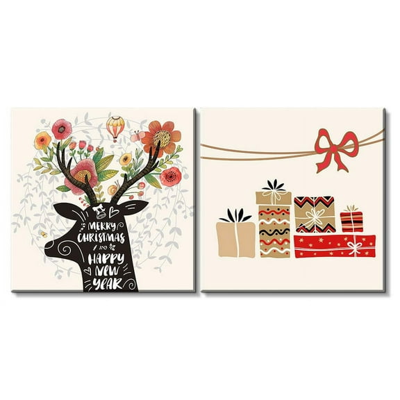 wall26 - 2 Panel Square Canvas Wall Art - Christmas Theme Floral Reindeer and Gifts - Giclee Print Gallery Wrap Modern Home Art Ready to Hang - 24"x24" x 2 Panels