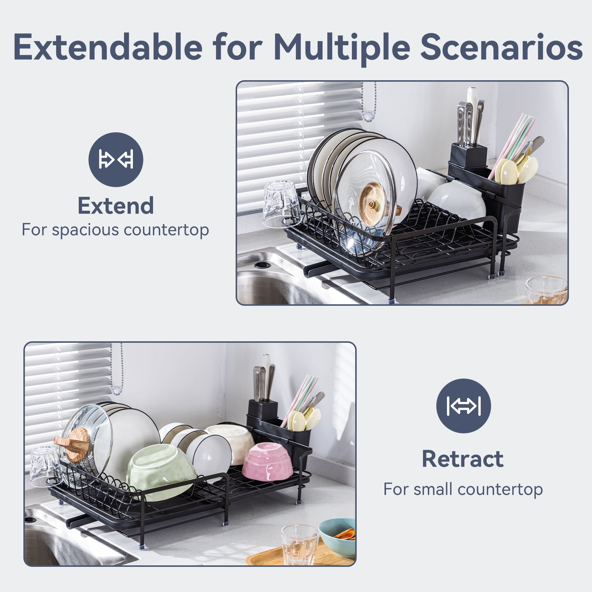 VUSIGN Extendable Dish Rack, Multifunctional Dish Rack for Kitchen Counter, Anti-Rust Drying Dish Rack with Cutlery & Cup Holders