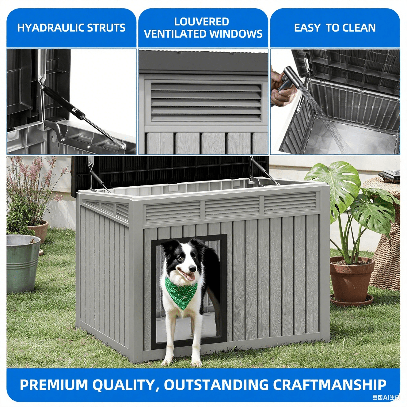FICARTS  Dog House for Both Indoor and Outdoor with Weatherproof Roof Removable Floors for Medium to Large Dogs Interior Space (Gray, Medium(31.9"D x 24.8"W x 24.1"H))