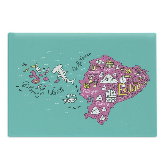 Ecuador Cutting Board, Republic of Ecuador Map Colorful Doodle with Main, Decorative Tempered Glass Cutting and Serving Board, in 3 Sizes, by Ambesonne