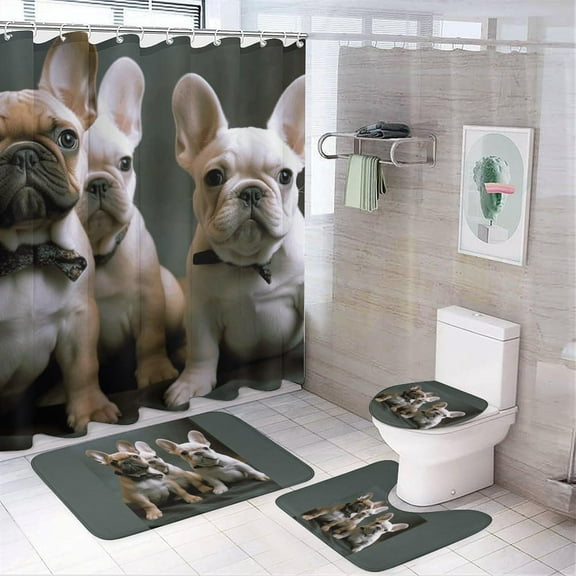 Bath Rug Set 4 Piece French Bulldog Puppies Print 4 Piece Bathroom Rug Set,Four Piece Bathroom Sets Including Shower Curtain Sets and Hooks