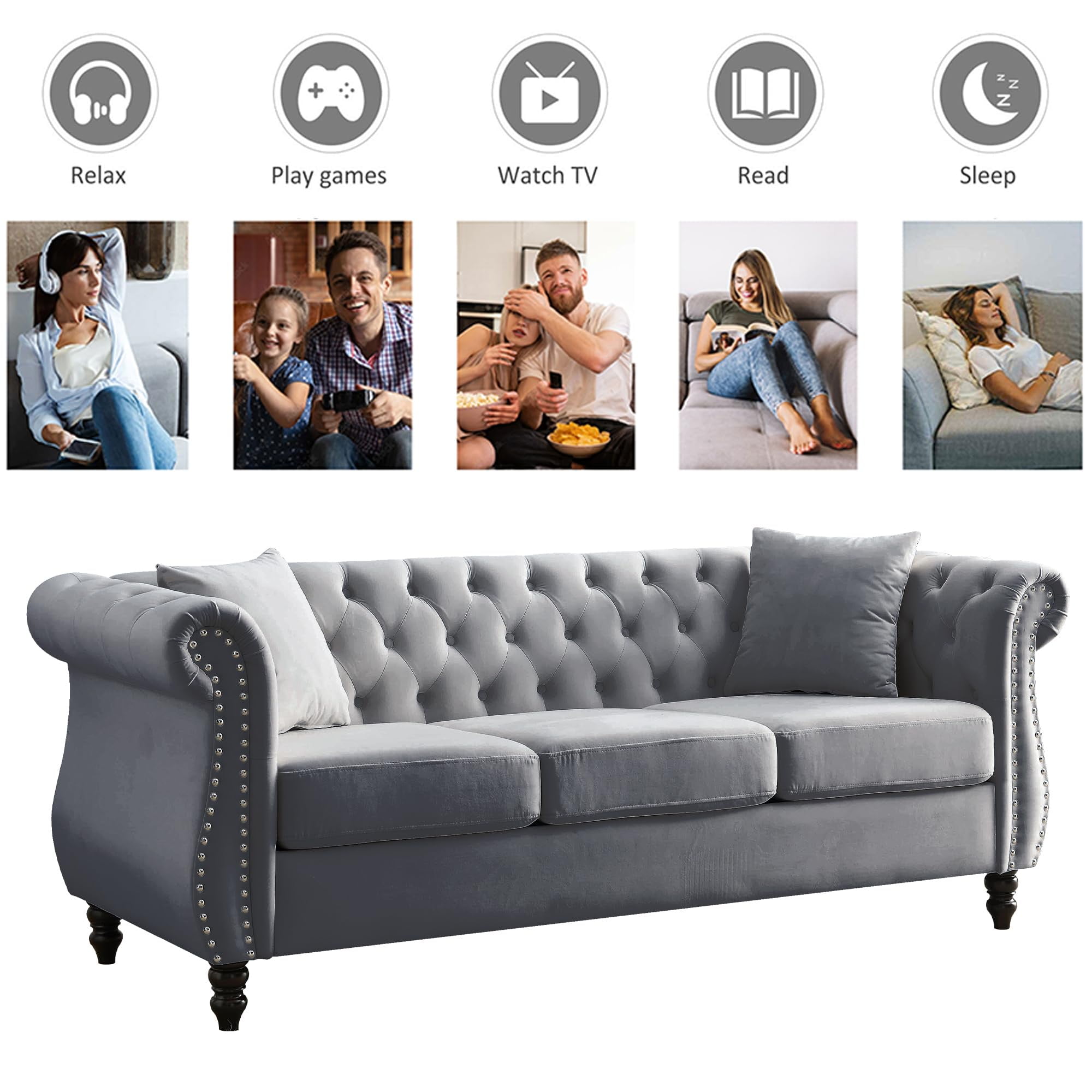 2 Piece Chesterfield Velvet Sofa, 80" 3-Seater and 59" Loveseat Sofa Set, Tufted Couch with 4 Pillows,Rolled Arms and Nailhead for Living Room, Bedroom, Office, Grey