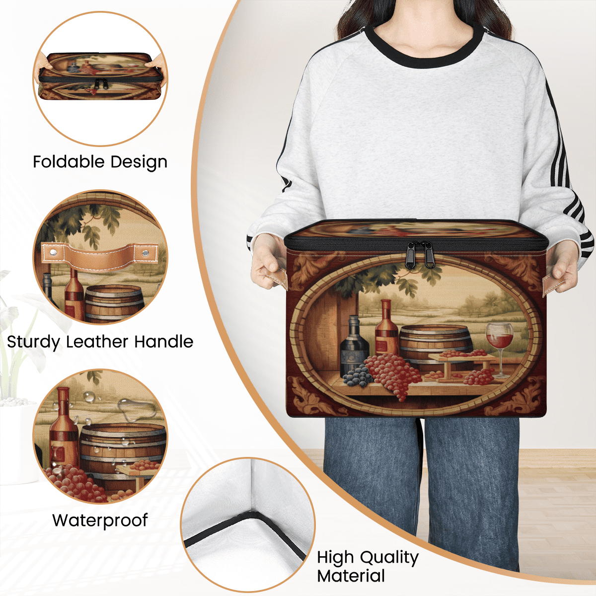 CURLYOOT Vintage Wine Theme Storage Bin with Zipper Lid, Fabric Decorative Lidded Storage Baskets Boxes, Foldable Organizer Container Basket for Bedroom Closet Shelf