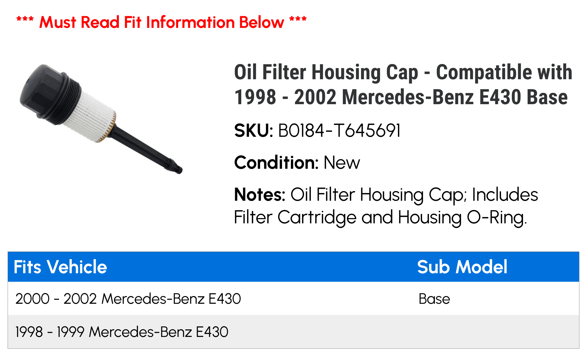 Oil Filter Housing Cap - Compatible with 1998 - 2002 Mercedes-Benz E430 Base - JL