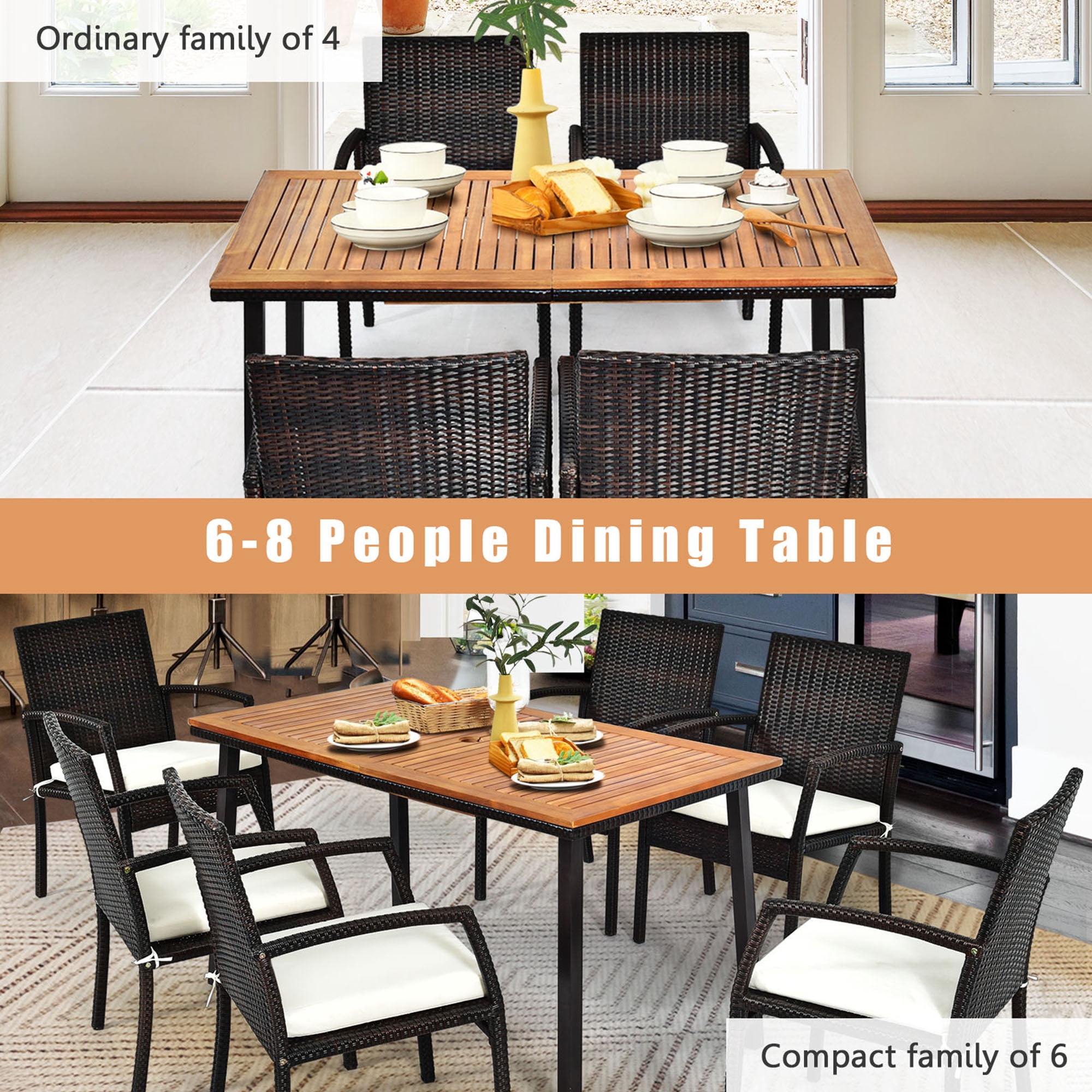 Gymax Rectangle Patio Outdoor Dining Table Acacia Wood Tabletop with 2" Umbrella Hole