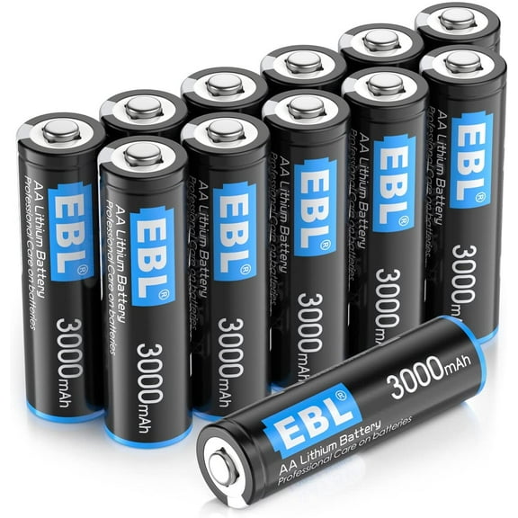 EBL 12 Pack 3000mAh 1.5V AA Lithium Batteries - High Performance Constant Volt AA Lithium Battery for High-Tech Devices (Non-Rechargeable)