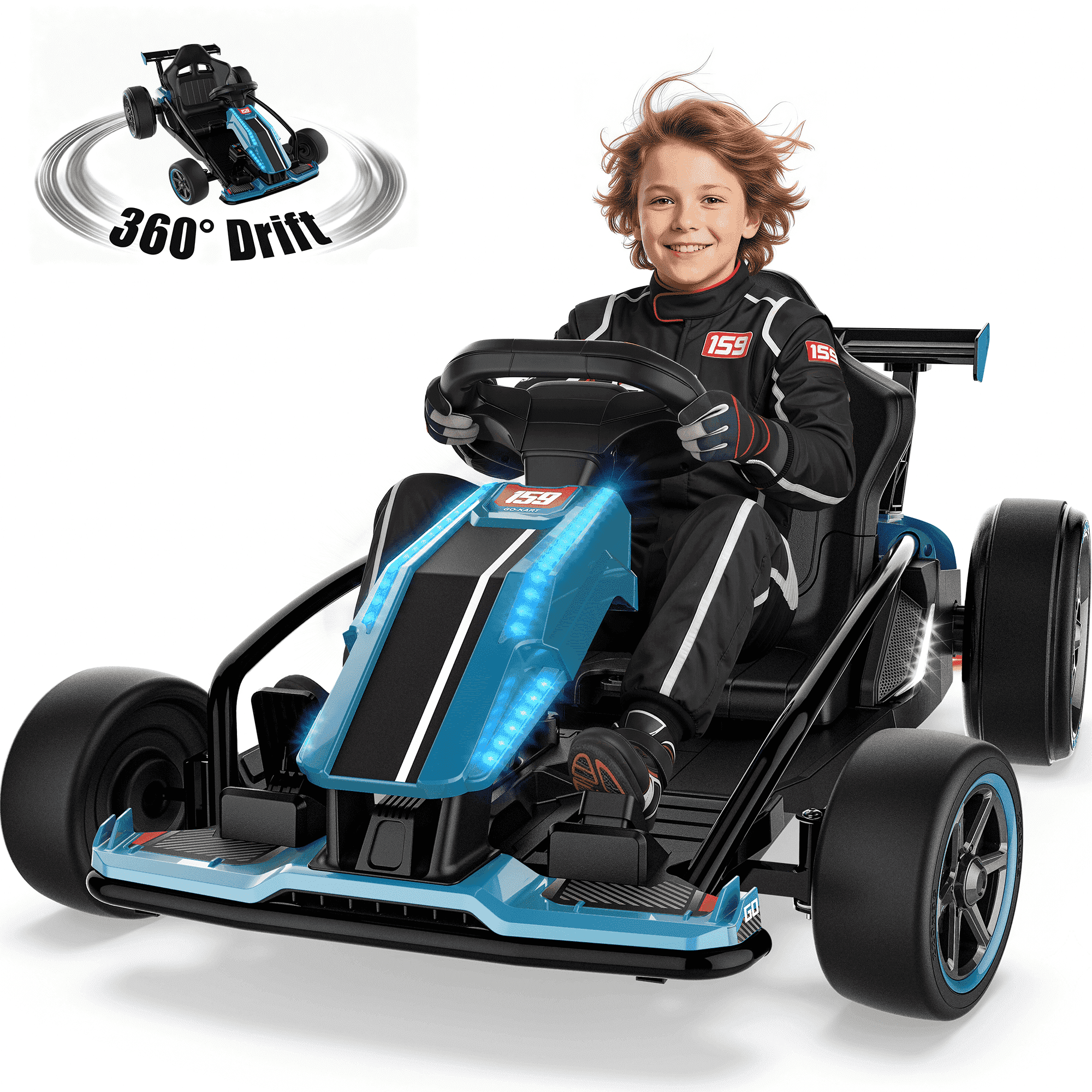 TOYBSNR Electric Go Kart Drift Car, 24V, with Adjustable Seat, Bluetooth Enabled, for Kids 6-12 Years, Blue, 1-Pack