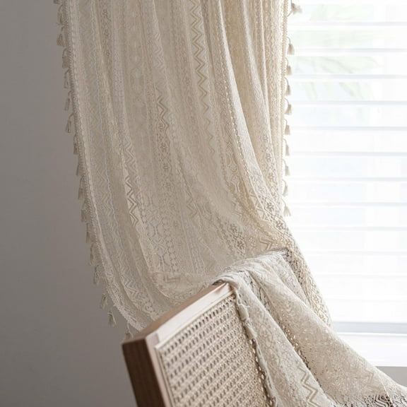 Boho Windows Sheer Curtains Crochet Lace Curtains with Tassels Window Curtains Panel for Living Room Bedroom