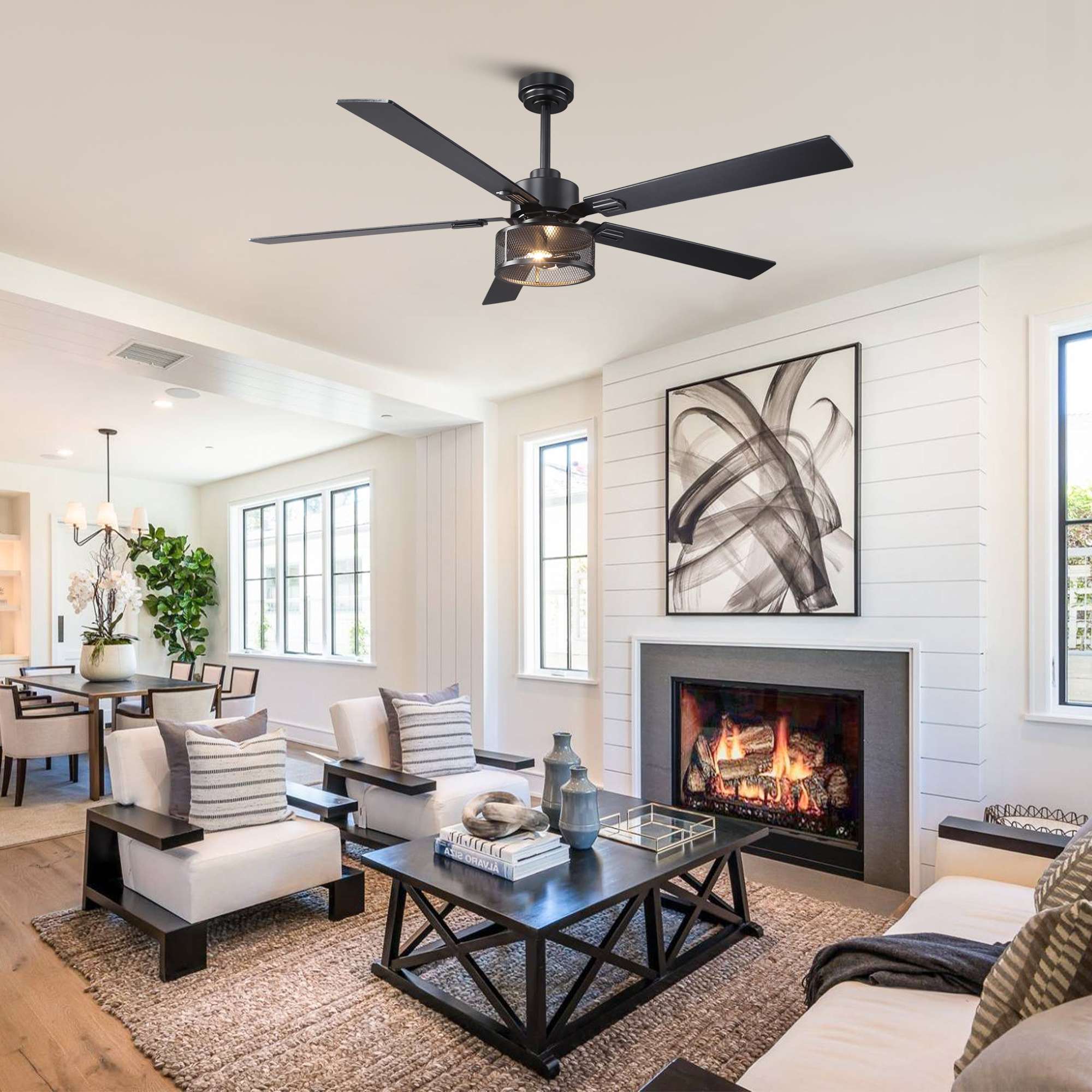 60" Industrial Large Black Smart Ceiling Fan with Dimmable LED Light and Remote