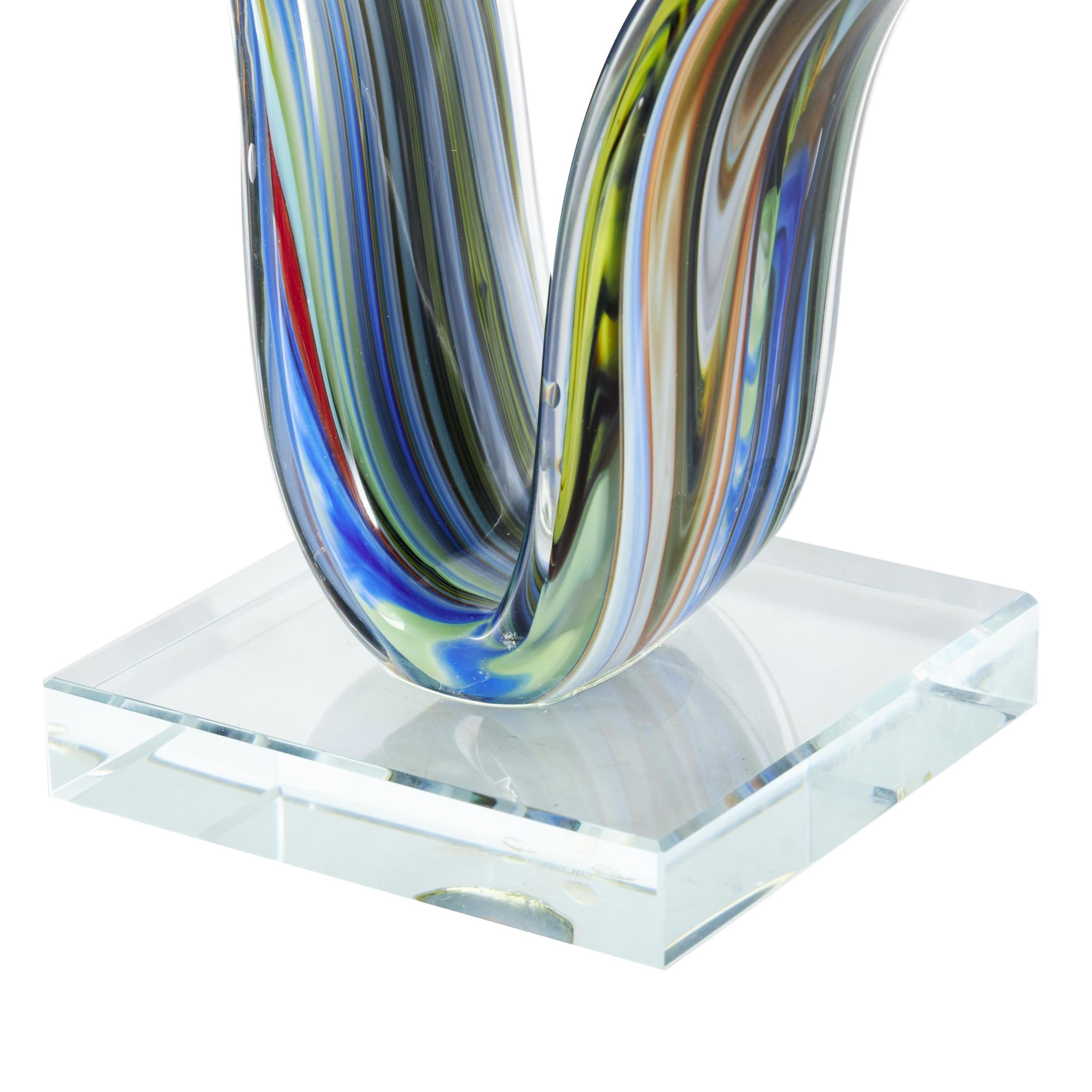 20" x 6" Multi Colored Glass Wave Abstract Sculpture with Clear Base, by DecMode