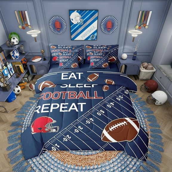 Eosebridal American Football Comforter Set Twin Size 7 Pieces Rugby Games Navy Blue Bedding Set Sports Theme Bed in a Bag with Comforter,Sheets