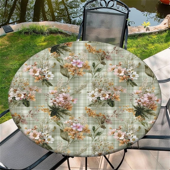 Round Fitted Tablecloth with Elastic Edge Design Table Cover Waterproof Stain-Resistant Wipeable Table Cloth Best for 42"-46" Round Tables for Outdoor Indoor Green Checkered Pattern