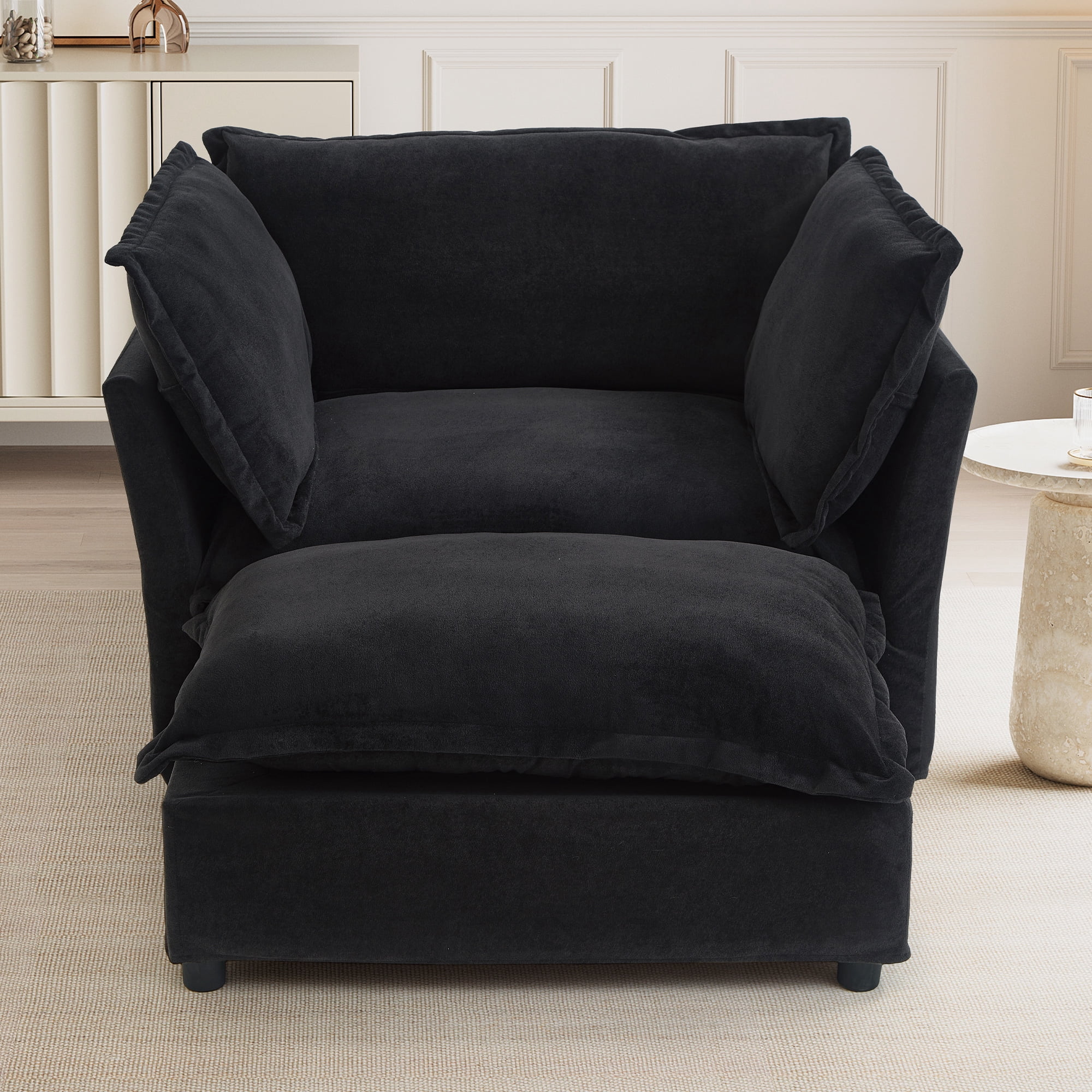 Euroco Modern Chenille Lounge Chair with Movable Ottoman, Curved Armrests & Wide Seat – Upholstered Single Sofa Set for Living Room, Bedroom, or Reading Nook