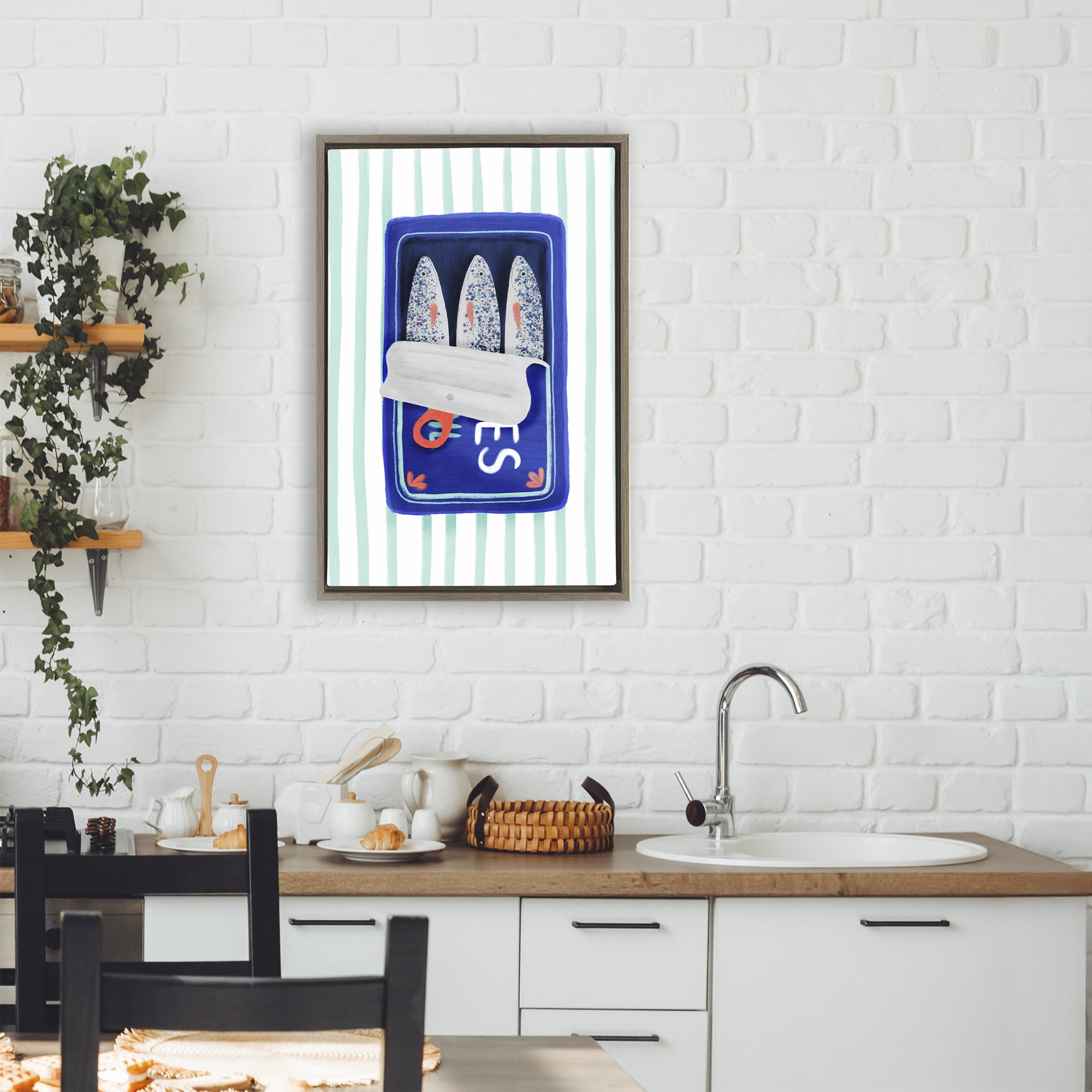 Stupell Industries Blue Sardines on Stripes Brown Framed Floater Canvas Wall Art, design by Metka Hiti