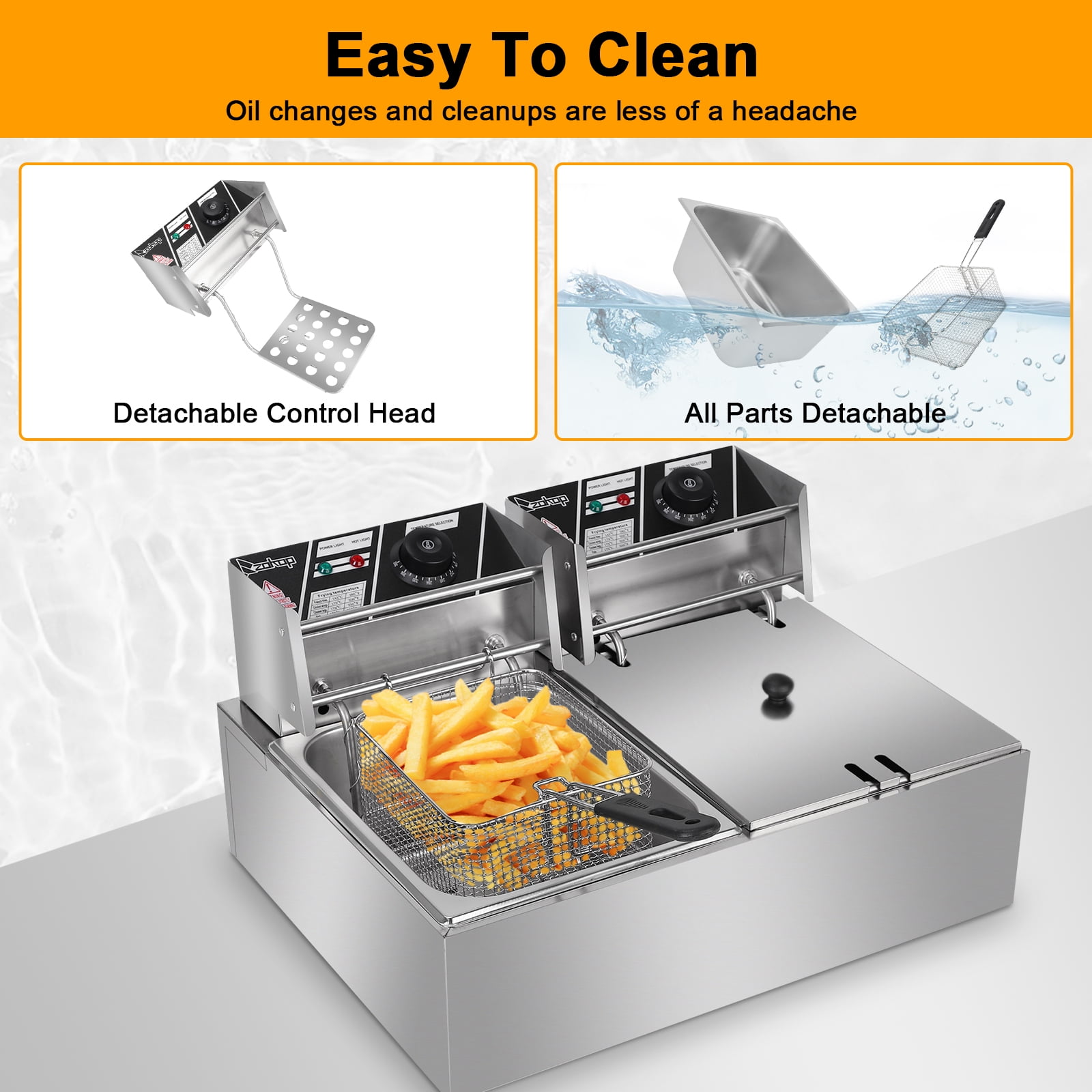 Deep Fryer, 110V, 3400W, 22.8QT/21.6L, Silver Stainless Steel, Double Tank, Adjustable Temperature
