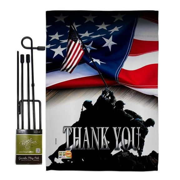 Breeze Decor BD-PA-GS-111088-IP-BO-D-US18-BD 13 x 18.5 in. Thank You Americana Patriotic Vertical Double Sided Mini Garden Flag Set with Banner Pole