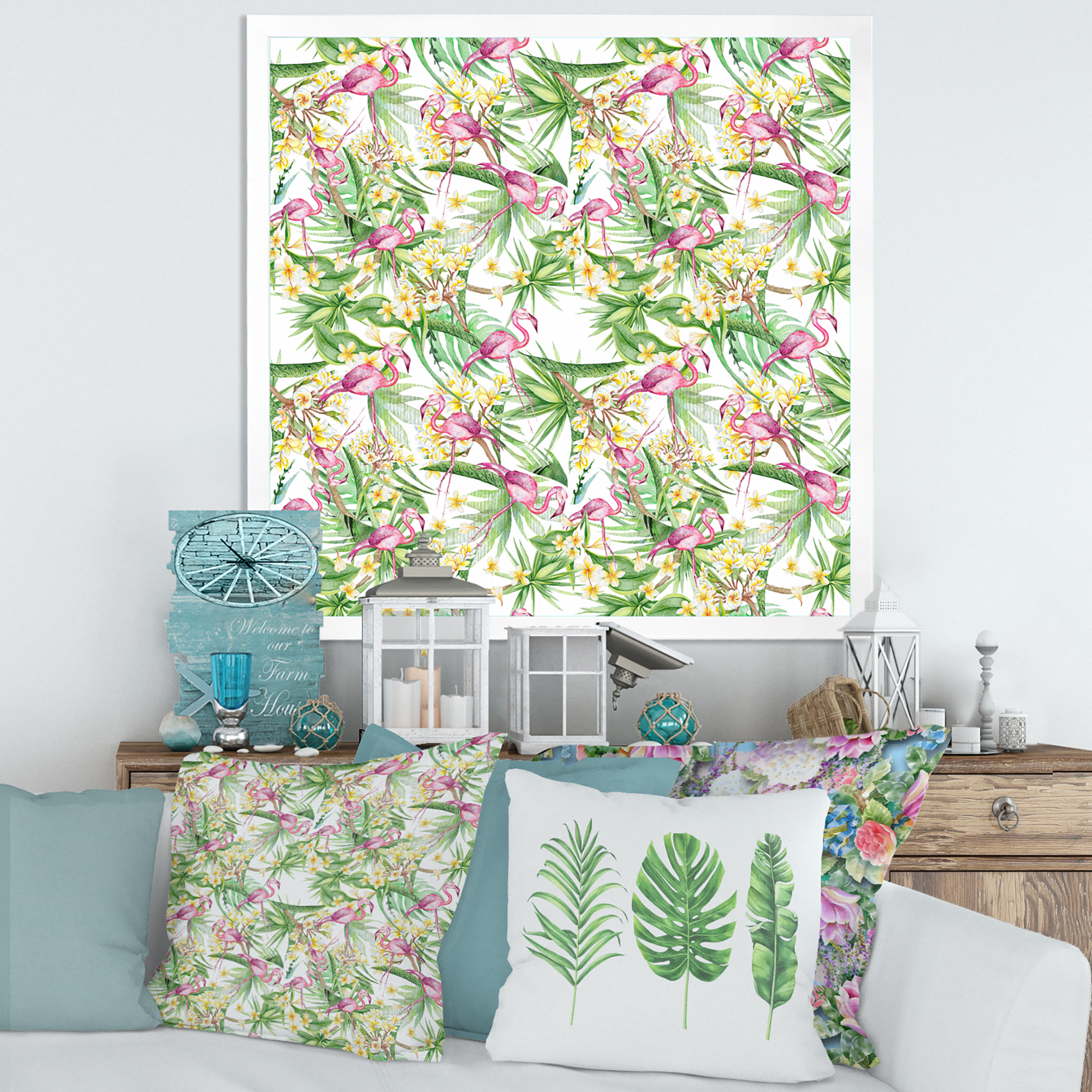 Designart 'Yellow Flowers, Tropical Foliage With Flamingo II' Modern Framed Art Print
