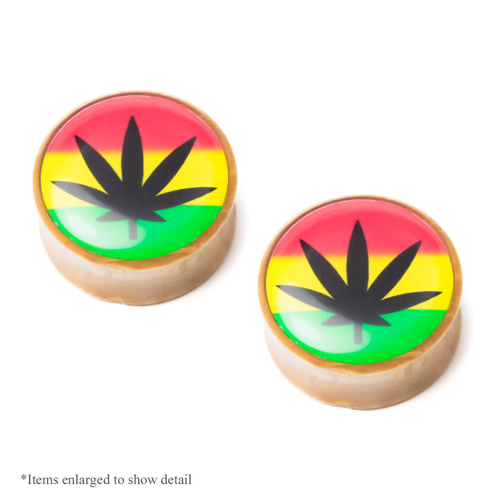 Pair of Jamaican Rasta Pot Leaf Wood Ear Plugs Clear Epoxy Coated