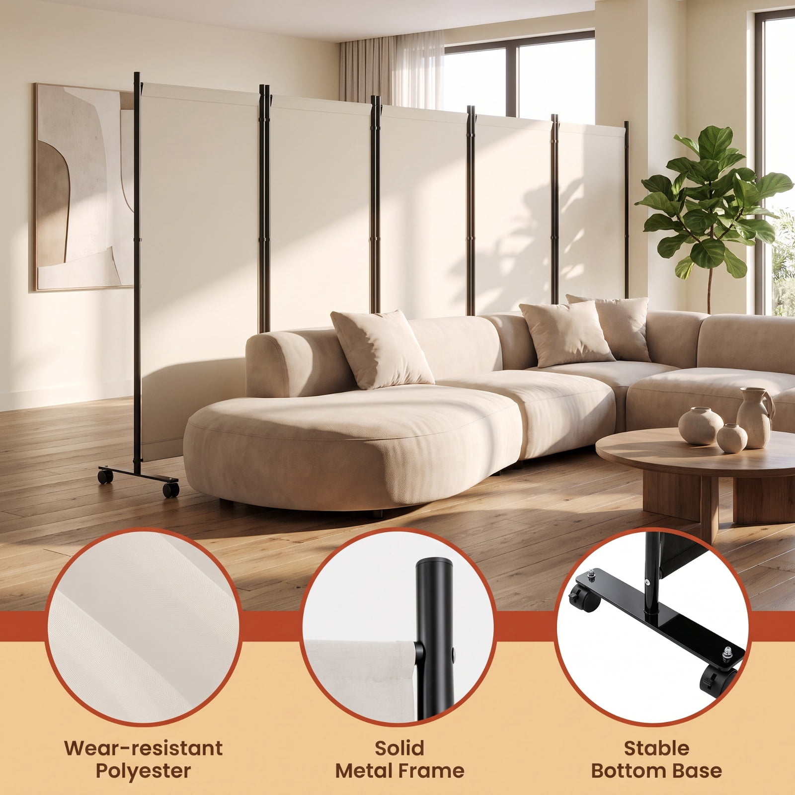 Vebreda 6-Panel Rolling Room Divider Folding Privacy Screen with Lockable Wheels, Freestanding Fabric Partition for Bedroom Office Studio, White