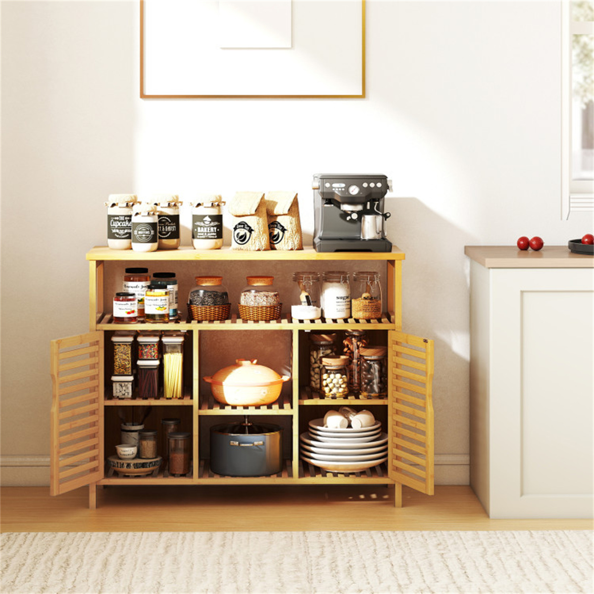 Double Door Bamboo Bathroom Storage Cabinet with Open Shelves, 39.5 Inch Tall Wood Organizer with Anti-Tip Device, for Bathroom, Kitchen, Living Room, Natural Finish