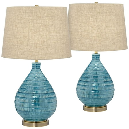 Small Coastal Living Rooms 360 Lighting Modern Table Lamps Set of 2 Coastal Ceramic Sky Blue Glaze Linen Fabric Drum Shade for Living Room Family Bedroom ()
