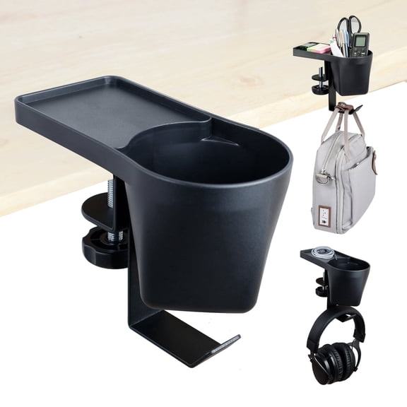MAX SMART Clamp-On Desk Cup Holder with Headphone Hook & Organizer Tray for Office