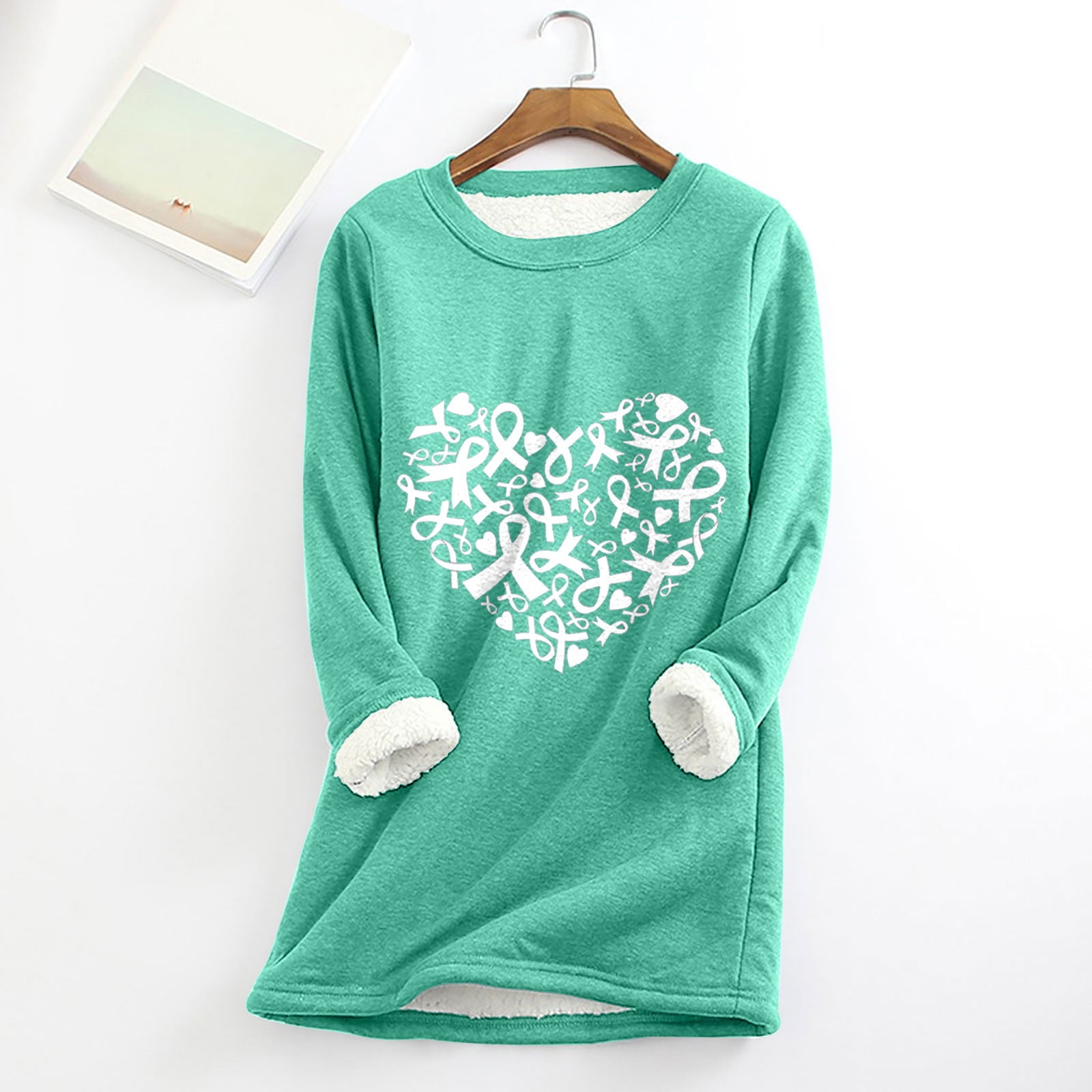 Jsaierl T-Shirts Cancer Du Sein Pour Femmes Ruban Cœur T-Shirts Graphiques Grande Taille Blouses Col Rond Doublure En Polaire Douce Chandail Raglan Manches Longues Hauts Thermiques