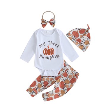 SUNSIOM Baby Girls 4PCS Halloween Pants Sets White Long Sleeve Letter Print Romper Pumpkin Print Pants Hat Headband Sets