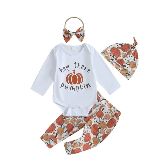 SUNSIOM Baby Girls 4PCS Halloween Pants Sets White Long Sleeve Letter Print Romper Pumpkin Print Pants Hat Headband Sets