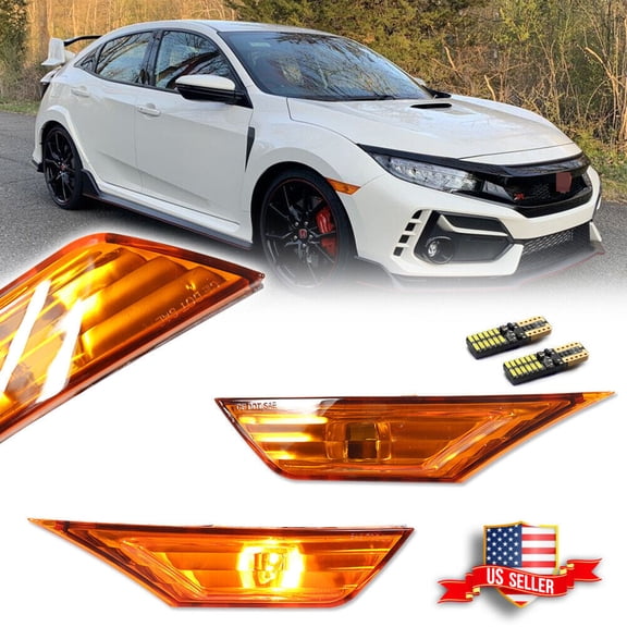 GTINTHEBOX FOR 2016-2021 HONDA CIVIC AMBER SIDE MARKER LAMP TURN SIGNAL LIGHTS W/ LED BULBS